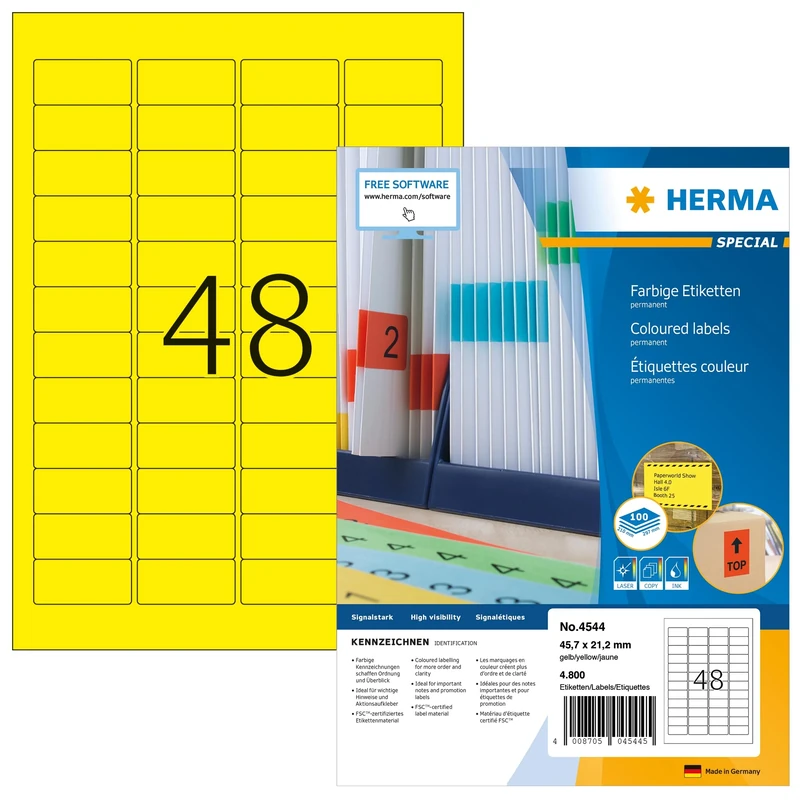 HERMA Self Adhesive Coloured Labels, 48 Labels per A4 Sheet, 1400 Sheets, 45.7 x 21.2 mm, 67200 Labels, Blank Colour Labels Stickers, Sticky Labels for Laser & Inkjet Printer, Yellow