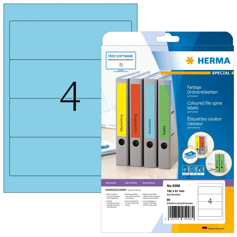 HERMA Self Adhesive Spine Labels, 4 Labels per A4 Sheet, 640 Sheets, 192 x 61 mm, 2560 Labels, Blank Lever Arch File Folder Labels Stickers, Sticky Labels for Laser & Inkjet Printer, Blue
