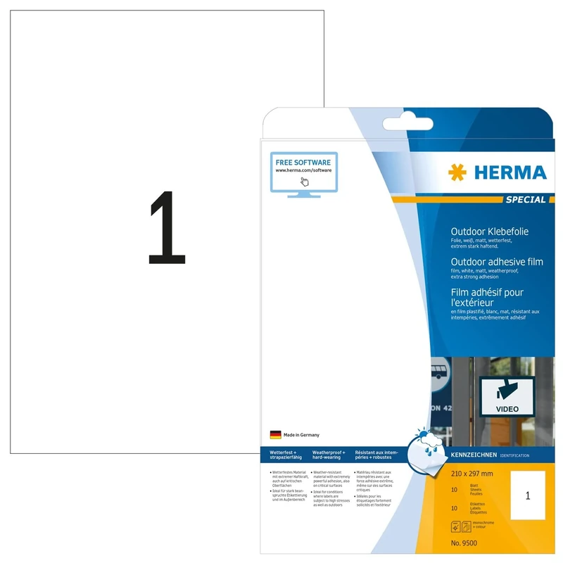 HERMA Self Adhesive Film Labels, 1 Label per A4 Sheet, 320 Sheets, 210 x 297 mm, 320 Labels, Blank Weatherproof Labels Stickers, Sticky Labels for Laser & Inkjet Printer, White