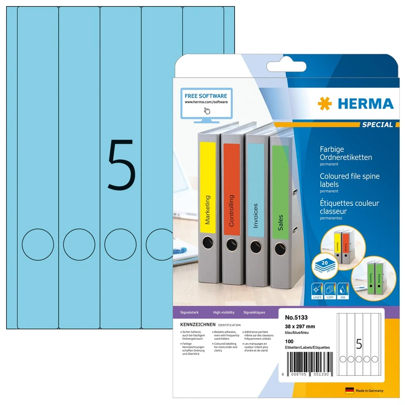 HERMA Self Adhesive Spine Labels, 5 Labels per A4 Sheet, 640 Sheets, 38 x 297 mm, 3200 Labels, Blank Lever Arch File Folder Labels Stickers, Sticky Labels for Laser & Inkjet Printer, Blue