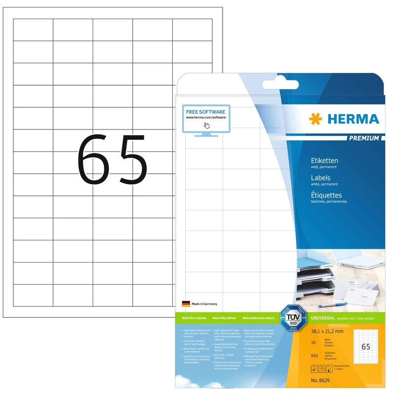 HERMA Self Adhesive Multipurpose Labels, 65 Labels per A4 Sheet, 320 Sheets, 38.1 x 21.2 mm, 20800 Labels, Blank Universal Labels Stickers, Sticky Labels for Laser & Inkjet Printer, White