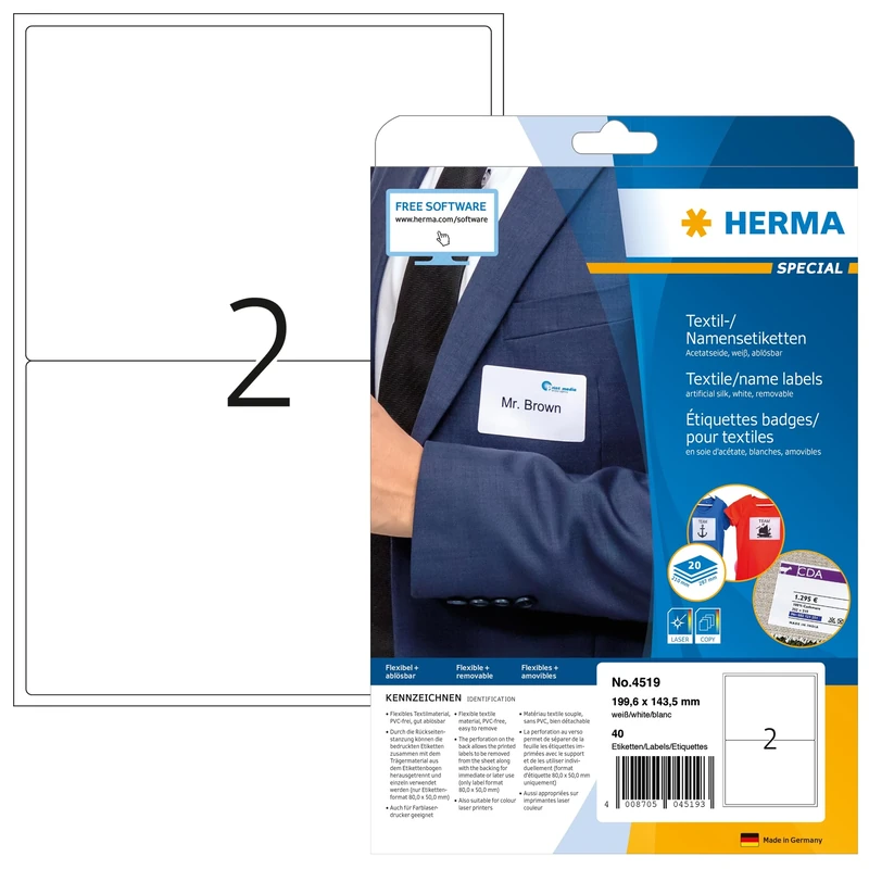 HERMA Self Adhesive Clothing Labels, 2 Labels per A4 Sheet, 640 Sheets, 199.6 x 143.5 mm, 1280 Labels, Blank Removable Name Labels Stickers, Sticky Textile Labels for Laser & Inkjet Printer, White