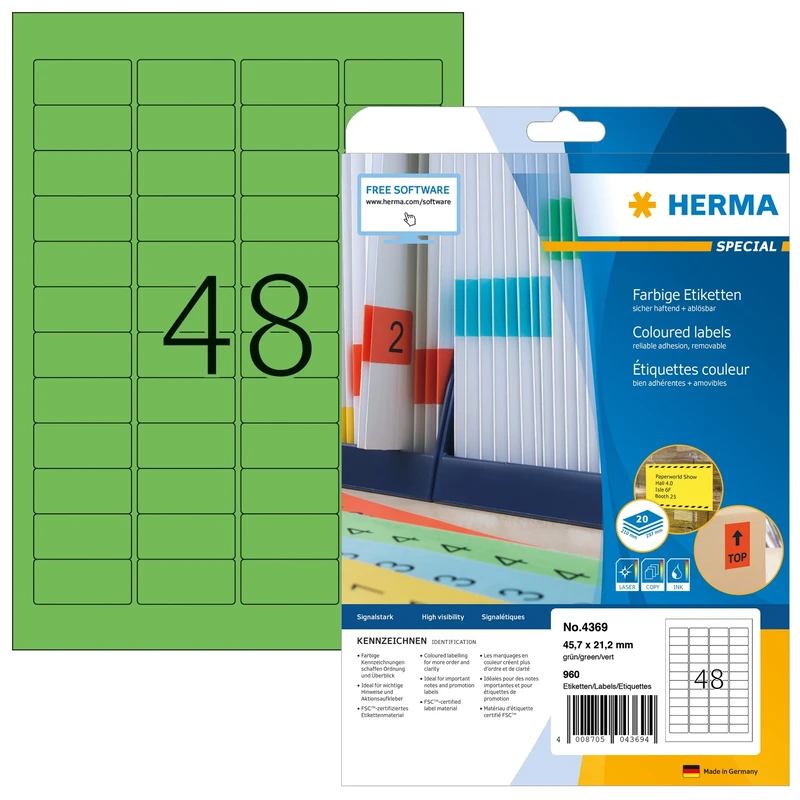 HERMA Self Adhesive Coloured Labels, 48 Labels per A4 Sheet, 640 Sheets, 45.7 x 21.2 mm, 30720 Labels, Blank Removable Colour Labels Stickers, Sticky Labels for Laser & Inkjet Printer, Green