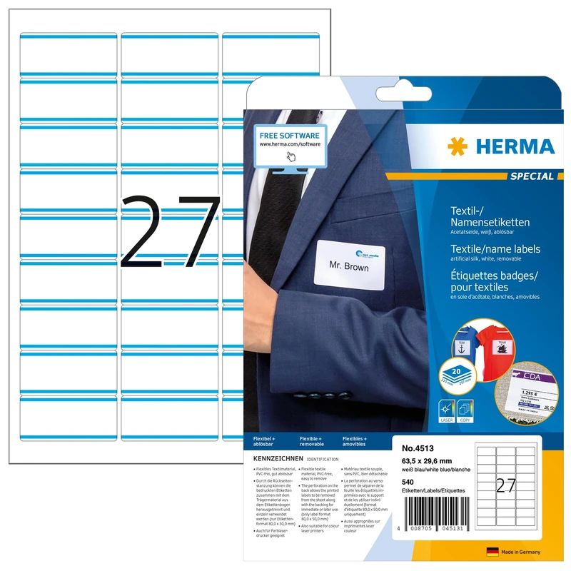 HERMA Self Adhesive Clothing Labels, 27 Labels per A4 Sheet, 640 Sheets, 63.5 x 29.6 mm, 17280 Labels, Blank Removable Name Labels Stickers, Sticky Textile Labels for Laser & Inkjet Printer, White