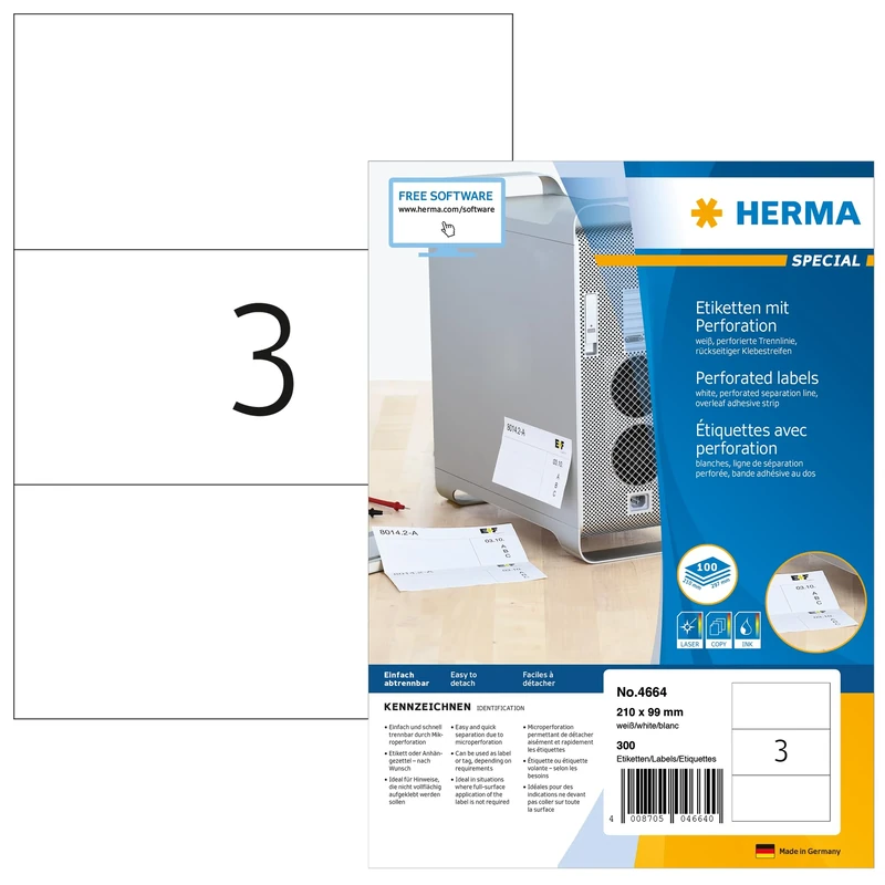 HERMA Self Adhesive Perforated Labels, 3 Labels per A4 Sheet, 1400 Sheets, 210 x 99 mm, 4200 Labels, Blank Labels Stickers, Sticky Labels with Micro Perforation for Laser & Inkjet Printer, White