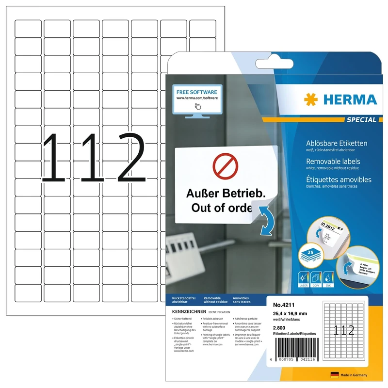 HERMA Self Adhesive Removable Labels, 112 Labels per A4 Sheet, 800 Sheets, 25.4 x 16.9 mm, 89600 Labels, Blank Multipurpose Labels Stickers, Sticky Labels for Laser & Inkjet Printer, White
