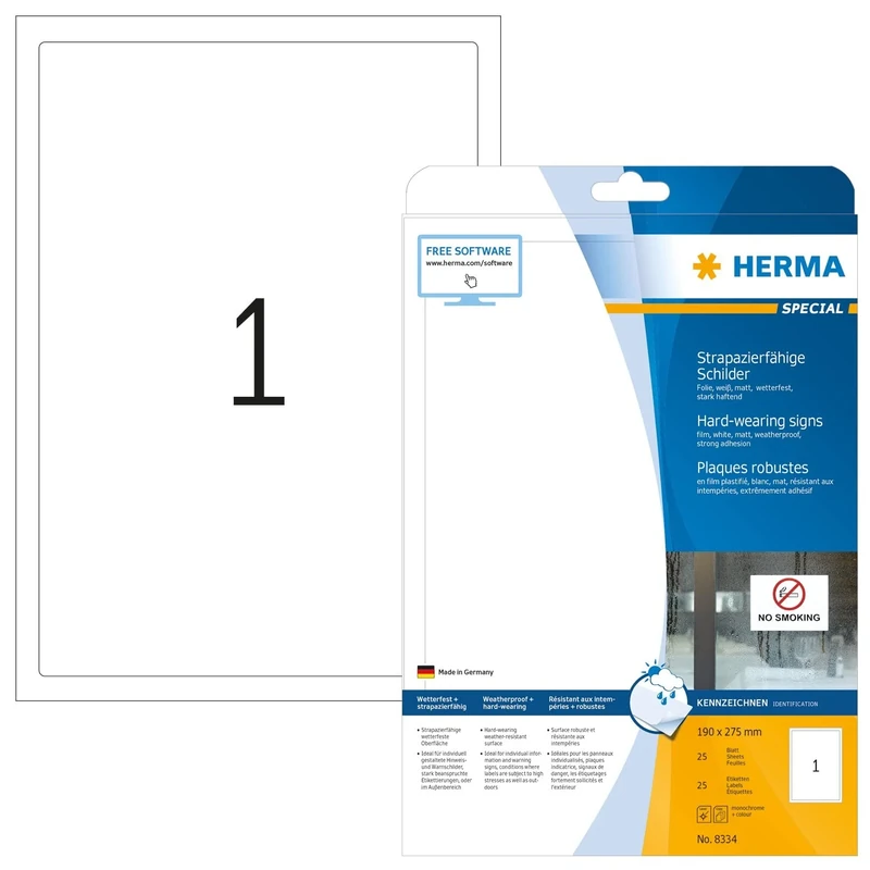 HERMA Self Adhesive Film Labels, 1 Label per A4 Sheet, 800 Sheets, 190 x 275 mm, 800 Labels, Blank Weatherproof Labels Stickers, Sticky Labels for Laser & Inkjet Printer, White