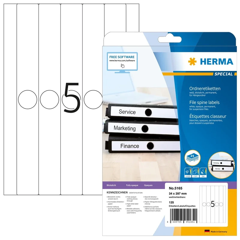 HERMA Self Adhesive Spine Labels, 5 Labels per A4 Sheet, 800 Sheets, 34 x 297 mm, 4000 Labels, Blank Suspension Lever Arch File Folder Stickers, Sticky Labels for Laser & Inkjet Printer, White