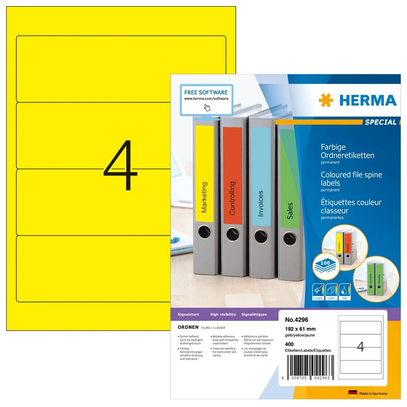 HERMA Self Adhesive Spine Labels, 4 Labels per A4 Sheet, 1400 Sheets, 192 x 61 mm, 5600 Labels, Blank Lever Arch File Folder Labels Stickers, Sticky Labels for Laser & Inkjet Printer, Yellow