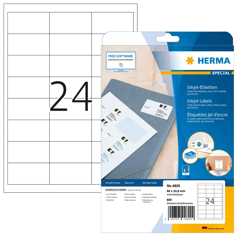 HERMA Self Adhesive Multipurpose Inkjet Labels, 24 Labels per A4 Sheet, 800 Sheets, 66 x 33.8 mm, 19200 Labels, Blank Universal Labels Stickers, Sticky Labels for Inkjet Printer, White
