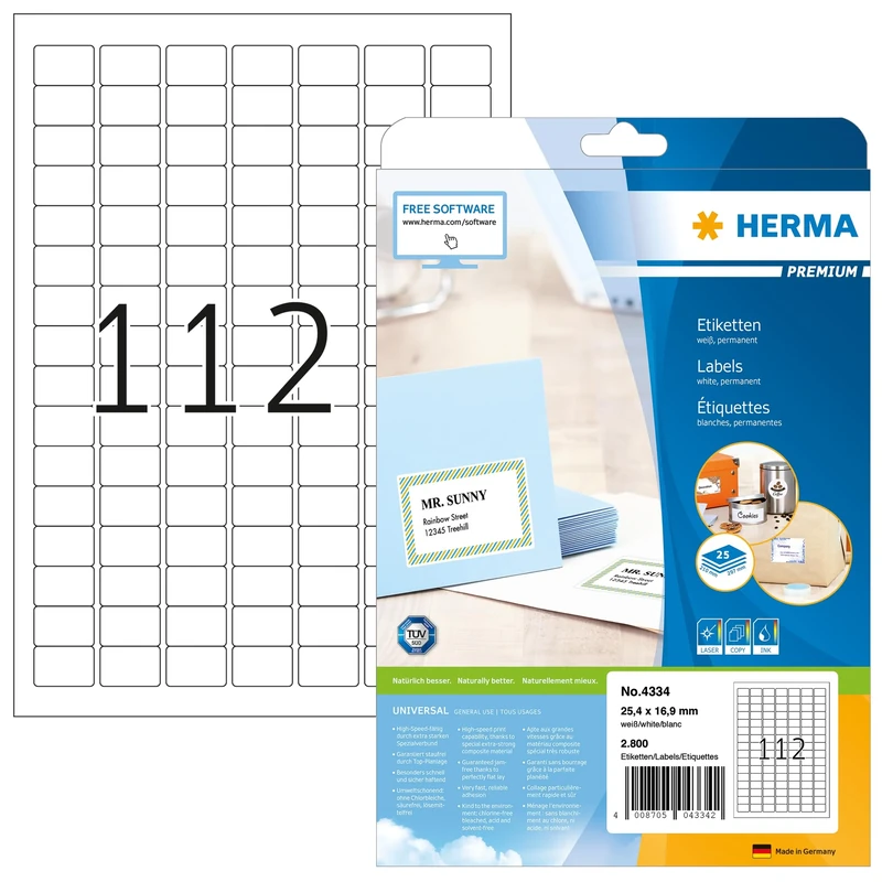 HERMA Self Adhesive Multipurpose Labels, 112 Labels per A4 Sheet, 800 Sheets, 25.4 x 16.9 mm, 89600 Labels, Blank Universal Labels Stickers, Sticky Labels for Laser & Inkjet Printer, White