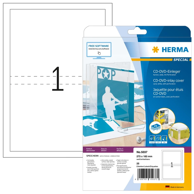 HERMA DVD Case Inserts, 1 Piece Labels per A4 Sheet, 800 Sheets, 273 x 183 mm, 800 Pieces, Blank DVD Case Inlays, Printable Card Inserts for Laser & Inkjet Printer, White