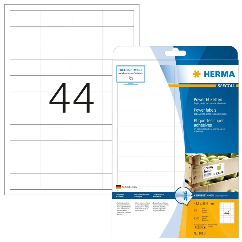 HERMA Extra Strong Adhesive Labels, 44 Labels per A4 Sheet, 800 Sheets, 48.3 x 25.4 mm, 35200 Labels, Blank Heavy Duty Labels Stickers, Sticky Labels for Laser & Inkjet Printer, White