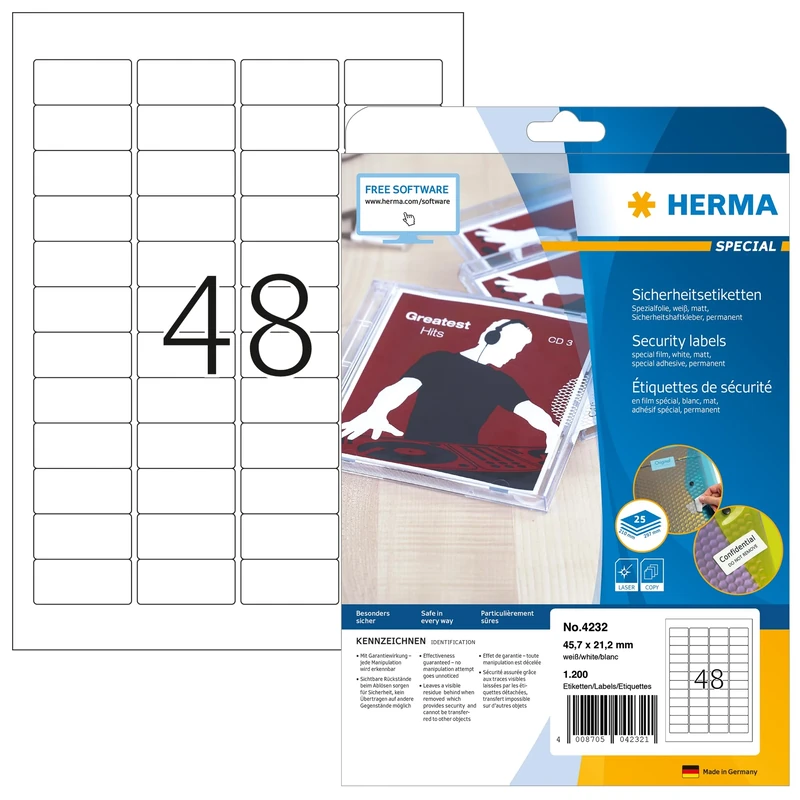 HERMA Self Adhesive Anti Tamper Security Labels, 48 Labels per A4 Sheet, 800 Sheets, 45.7 x 21.2 mm, 38400 Labels, Blank Special Film Labels Stickers, Sticky Labels for Laser Printer, White