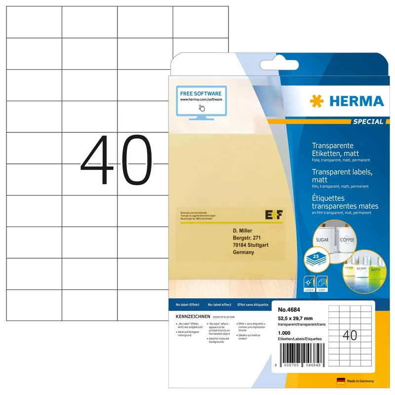 HERMA Self Adhesive Clear Film Labels, 40 Labels per A4 Sheet, 800 Sheets, 52.5 x 29.7 mm, 32000 Labels, Blank Weatherproof Labels Stickers, Sticky Labels for Laser & Inkjet Printer, Transparent
