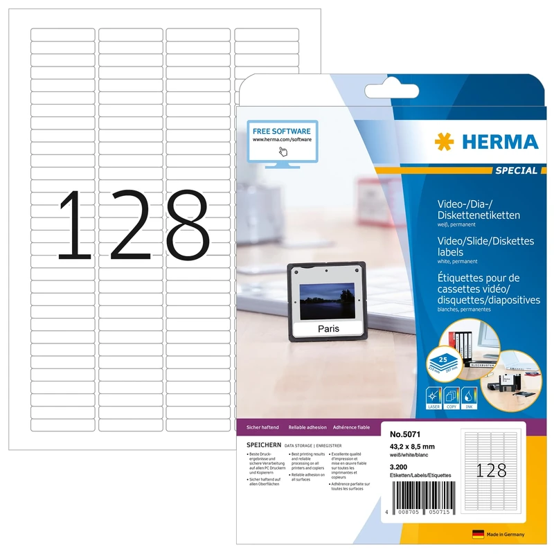 HERMA Self Adhesive Slide Labels, 128 Labels per A4 Sheet, 800 Sheets, 43.2 x 8.5 mm, 102400 Labels, Blank Mini Micro Labels Stickers, Sticky Labels for Laser & Inkjet Printer, White