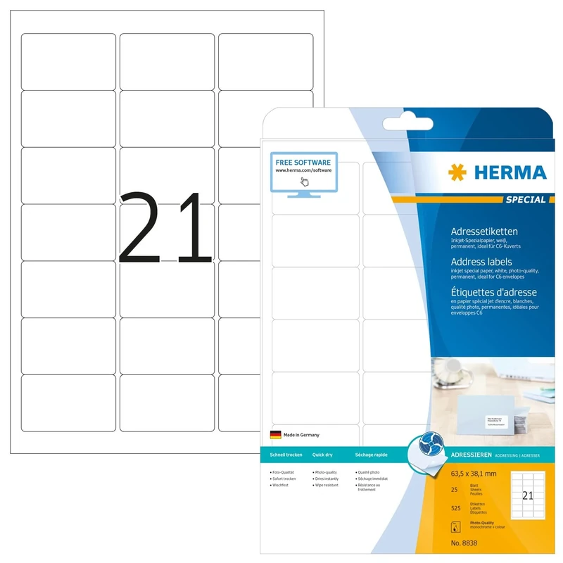 HERMA Self Adhesive Inkjet Address Labels, 21 Labels per A4 Sheet, 800 Sheets, 63.5 x 38.1 mm, 16800 Labels, Blank Mailing Labels Stickers, Sticky Labels for Inkjet Printer, White
