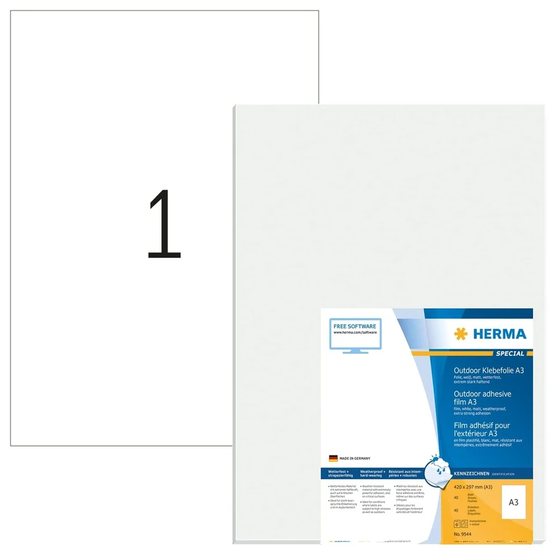 HERMA Self Adhesive Film Labels, 1 Label per A3 Sheet, 280 Sheets, 297 x 420 mm, 280 Labels, Blank Weatherproof Labels Stickers, Sticky Labels for Laser & Inkjet Printer, White