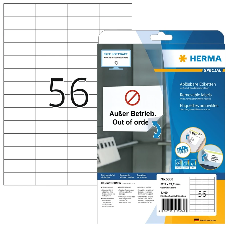 HERMA Self Adhesive Removable Labels, 56 Labels per A4 Sheet, 800 Sheets, 52.5 x 21.2 mm, 44800 Labels, Blank Multipurpose Labels Stickers, Sticky Labels for Laser & Inkjet Printer, White