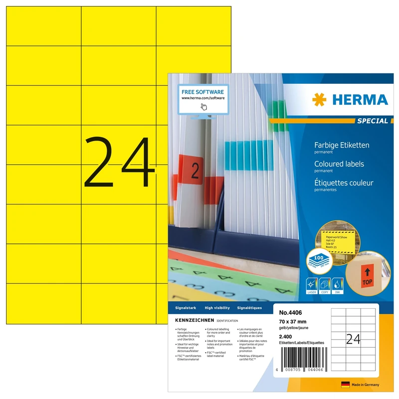 HERMA Self Adhesive Coloured Labels, 24 Labels per A4 Sheet, 1400 Sheets, 70 x 37 mm, 33600 Labels, Blank Colour Labels Stickers, Sticky Labels for Laser & Inkjet Printer, Yellow