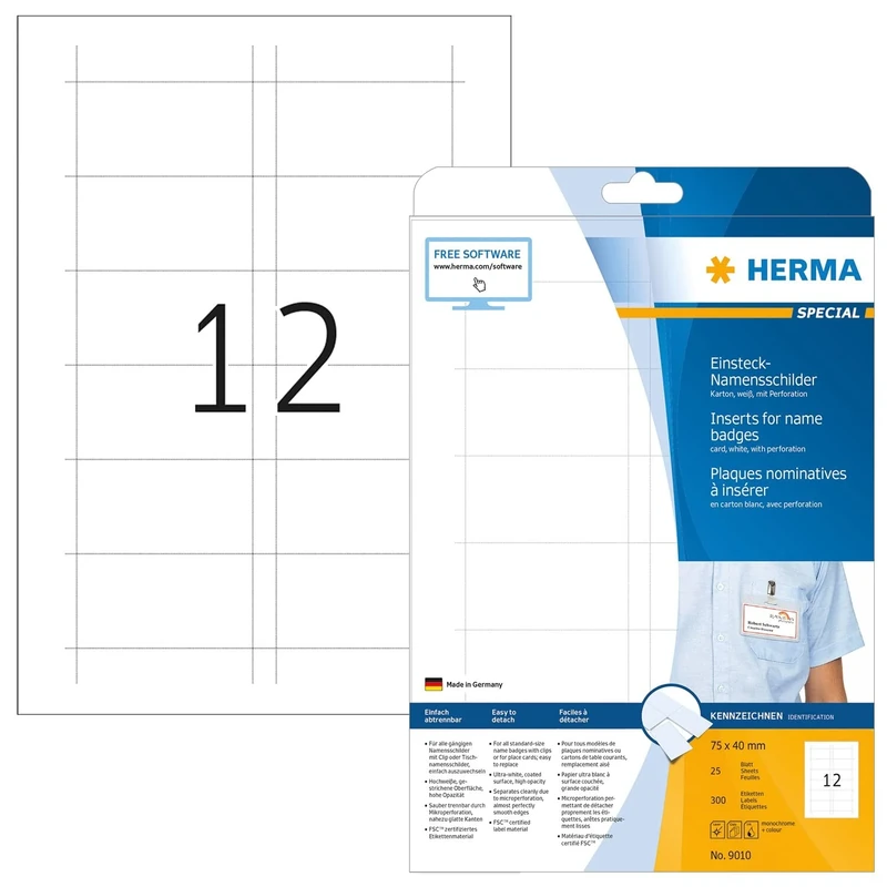 HERMA Name Badge Insert Refills, 12 Pieces Labels per A4 Sheet, 800 Sheets, 75 x 40 mm, 9600 Pieces, Blank Inserts for Name Badges, Printable Card Inserts for Laser & Inkjet Printer, White