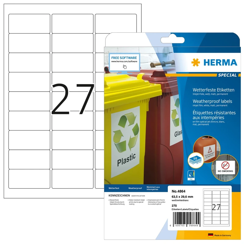 HERMA Self Adhesive Inkjet Labels, 27 Labels per A4 Sheet, 320 Sheets, 63.5 x 29.6 mm, 8640 Labels, Blank Weatherproof Film Labels Stickers, Sticky Labels for Inkjet Printer, White
