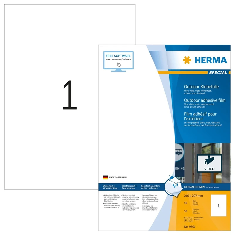 HERMA Self Adhesive Film Labels, 1 Label per A4 Sheet, 700 Sheets, 210 x 297 mm, 700 Labels, Blank Weatherproof Labels Stickers, Sticky Labels for Laser & Inkjet Printer, White
