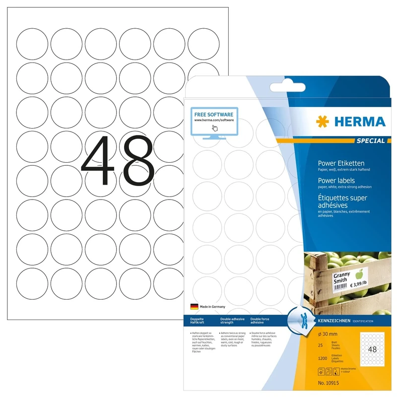 HERMA Extra Strong Adhesive Round Labels, 48 Labels per A4 Sheet, 800 Sheets, Ø 30 mm, 38400 Labels, Blank Heavy Duty Labels Stickers, Sticky Dots for Laser & Inkjet Printer, White