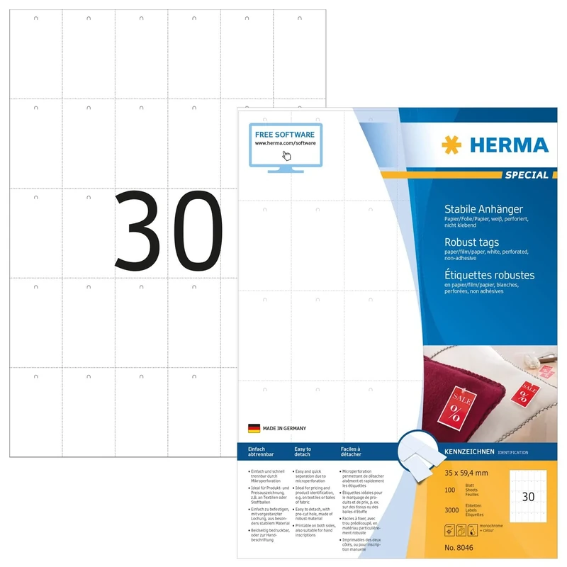 HERMA Printable Tags, 30 Pieces Labels per A4 Sheet, 1400 Sheets, 35 x 59.4 mm, 42000 Pieces, Blank Rectangle Price Tags, Perforated Jewellery Hang Tags for Laser & Inkjet Printer, White