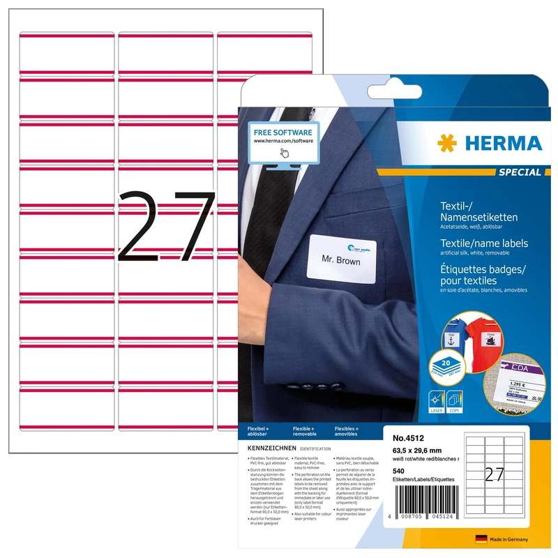 HERMA Self Adhesive Clothing Labels, 27 Labels per A4 Sheet, 640 Sheets, 63.5 x 29.6 mm, 17280 Labels, Blank Removable Name Labels Stickers, Sticky Textile Labels for Laser & Inkjet Printer, White