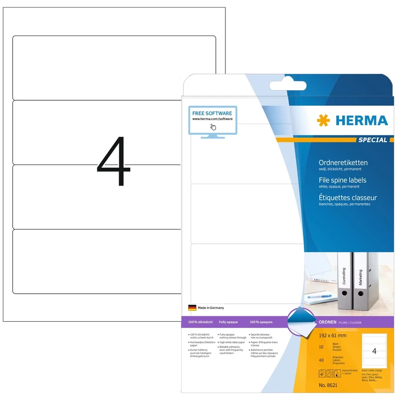 HERMA Self Adhesive Spine Labels, 4 Labels per A4 Sheet, 320 Sheets, 192 x 61 mm, 1280 Labels, Blank Lever Arch File Folder Labels Stickers, Sticky Labels for Laser & Inkjet Printer, White