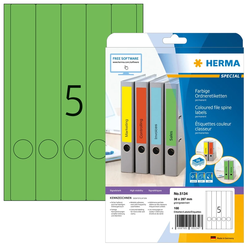 HERMA Self Adhesive Spine Labels, 5 Labels per A4 Sheet, 640 Sheets, 38 x 297 mm, 3200 Labels, Blank Lever Arch File Folder Labels Stickers, Sticky Labels for Laser & Inkjet Printer, Green