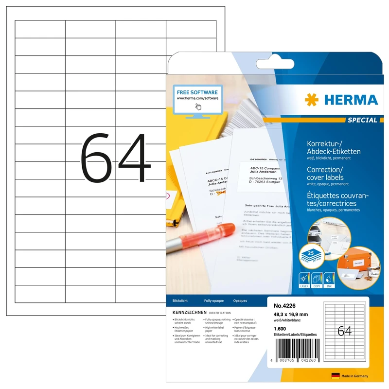 HERMA Self Adhesive Correction Labels, 64 Labels per A4 Sheet, 800 Sheets, 48.3 x 16.9 mm, 51200 Labels, Blank Opaque Labels Stickers, Sticky Labels for Laser & Inkjet Printer, White
