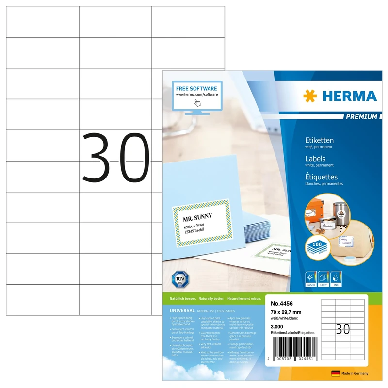 HERMA Self Adhesive Multipurpose Labels, 30 Labels per A4 Sheet, 1400 Sheets, 70 x 29.7 mm, 42000 Labels, Blank Universal Labels Stickers, Sticky Labels for Laser & Inkjet Printer, White