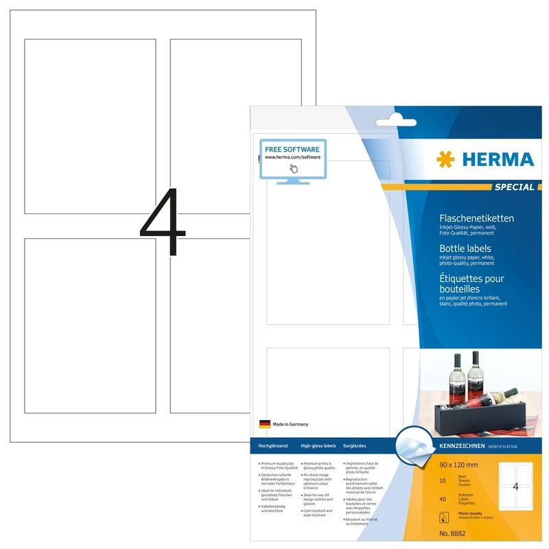 HERMA Self Adhesive Bottle Labels, 4 Labels per A4 Sheet, 320 Sheets, 90 x 120 mm, 1280 Labels, Blank High Gloss Labels Stickers, Sticky Photo Quality Labels for Inkjet Printer, White - Image 1