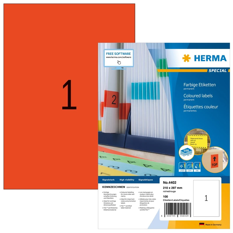 HERMA Self Adhesive Coloured Labels, 1 Label per A4 Sheet, 1400 Sheets, 210 x 297 mm, 1400 Labels, Blank Colour Labels Stickers, Sticky Labels for Laser & Inkjet Printer, Red