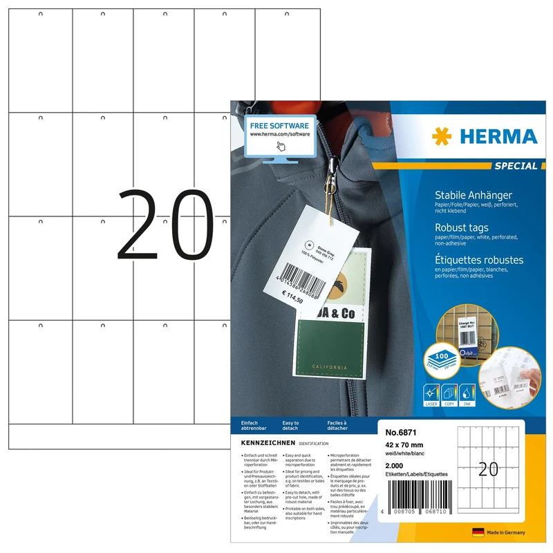 HERMA Printable Tags, 20 Pieces Labels per A4 Sheet, 1400 Sheets, 42 x 70 mm, 28000 Pieces, Blank Rectangle Price Tags, Perforated Jewellery Hang Tags for Laser & Inkjet Printer, White