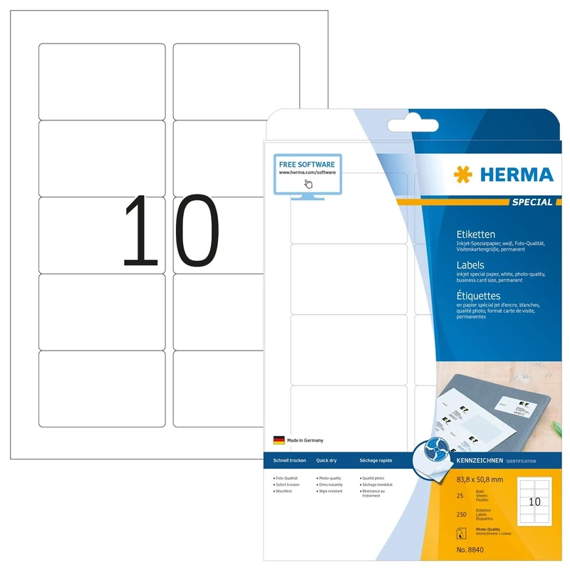 HERMA Self Adhesive Multipurpose Inkjet Labels, 10 Labels per A4 Sheet, 800 Sheets, 83.8 x 50.8 mm, 8000 Labels, Blank Universal Labels Stickers, Sticky Labels for Inkjet Printer, White