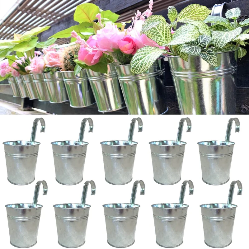LaLaGreen Fence Planters for Outdoor Plants (10 Pack, 6 Inch) Railing Planter Metal Herb Garden Pots Outdoor, Hanging Silver Flower Buckets for Outside Wall Deck Patio Balcony Rail Farmhouse Rustic - Image 1