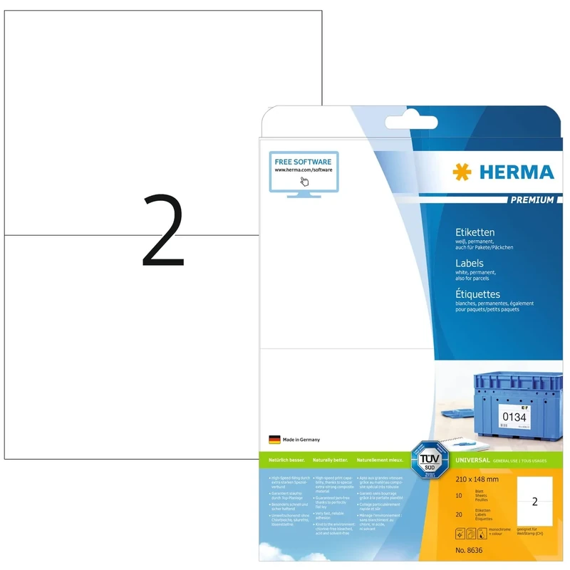 HERMA Self Adhesive Shipping Labels, 2 Labels per A4 Sheet, 320 Sheets, 210 x 148 mm, 640 Labels, Blank Parcel Labels Stickers, Sticky Labels for Laser & Inkjet Printer, White