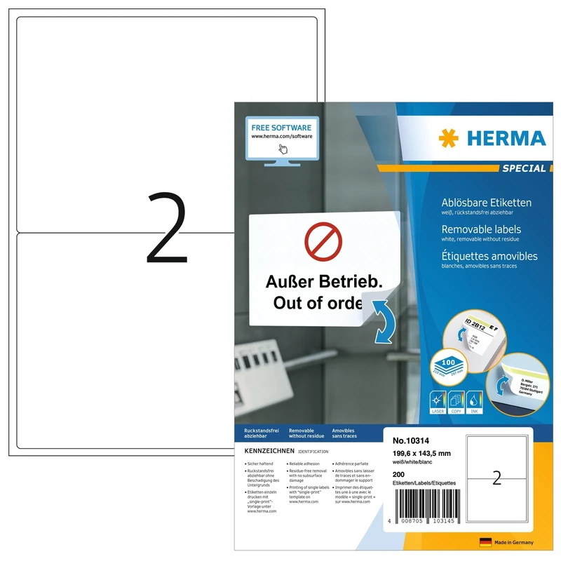 HERMA Self Adhesive Removable Labels, 2 Labels per A4 Sheet, 1400 Sheets, 199.6 x 143.5 mm, 2800 Labels, Blank Multipurpose Labels Stickers, Sticky Labels for Laser & Inkjet Printer, White