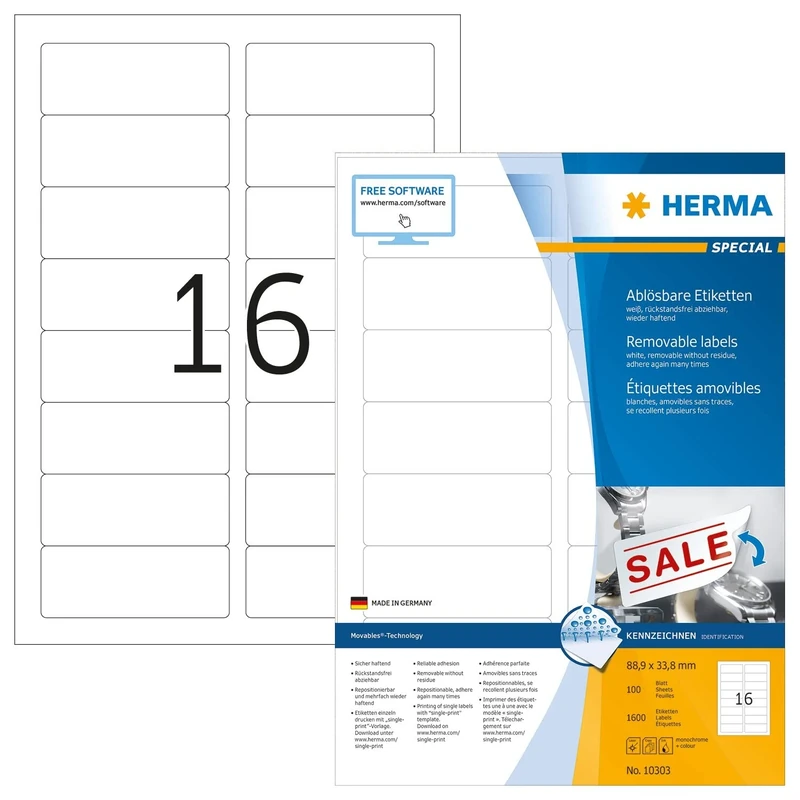 HERMA Self Adhesive Removable Labels, 16 Labels per A4 Sheet, 1400 Sheets, 88.9 x 33.8 mm, 22400 Labels, Blank Multipurpose Labels Stickers, Sticky Labels for Laser & Inkjet Printer, White