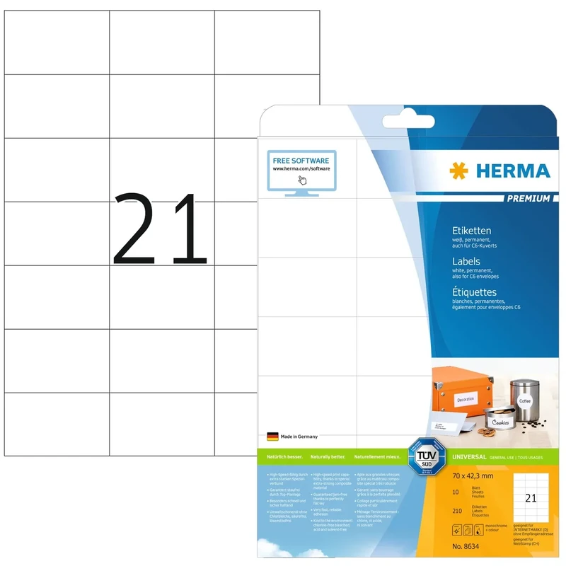 HERMA Self Adhesive Address Labels, 21 Labels per A4 Sheet, 320 Sheets, 70 x 42.3 mm, 6720 Labels, Blank Mailing Labels Stickers, Sticky Labels for Laser & Inkjet Printer, White