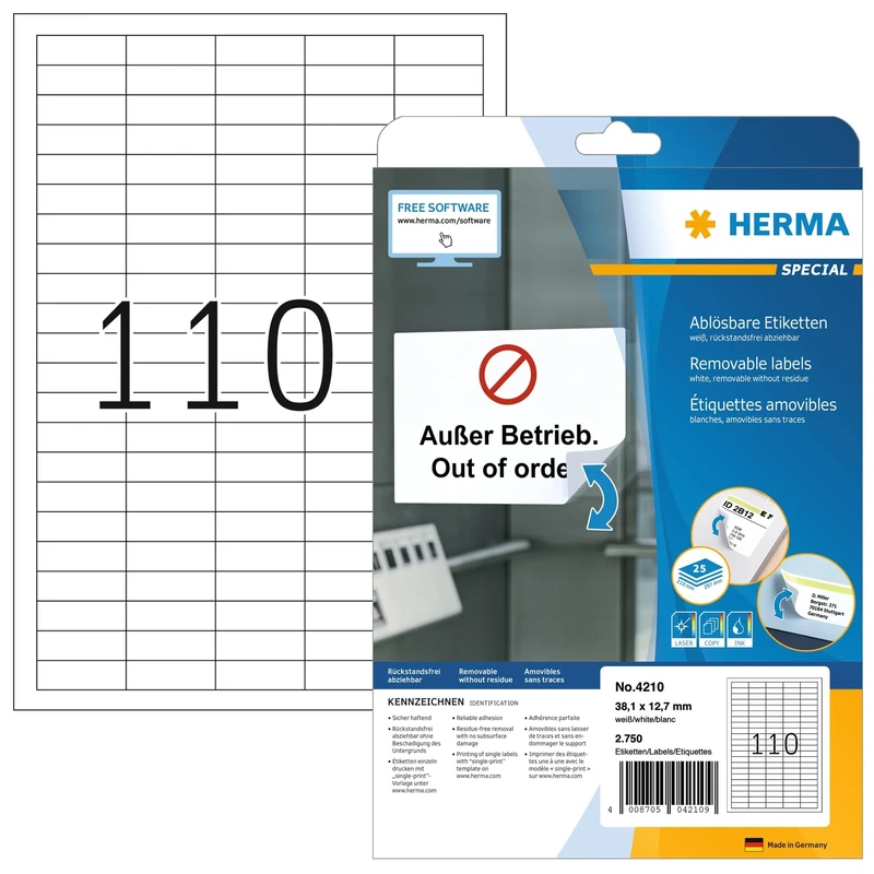 HERMA Self Adhesive Removable Labels, 110 Labels per A4 Sheet, 800 Sheets, 38.1 x 12.7 mm, 88000 Labels, Blank Multipurpose Labels Stickers, Sticky Labels for Laser & Inkjet Printer, White