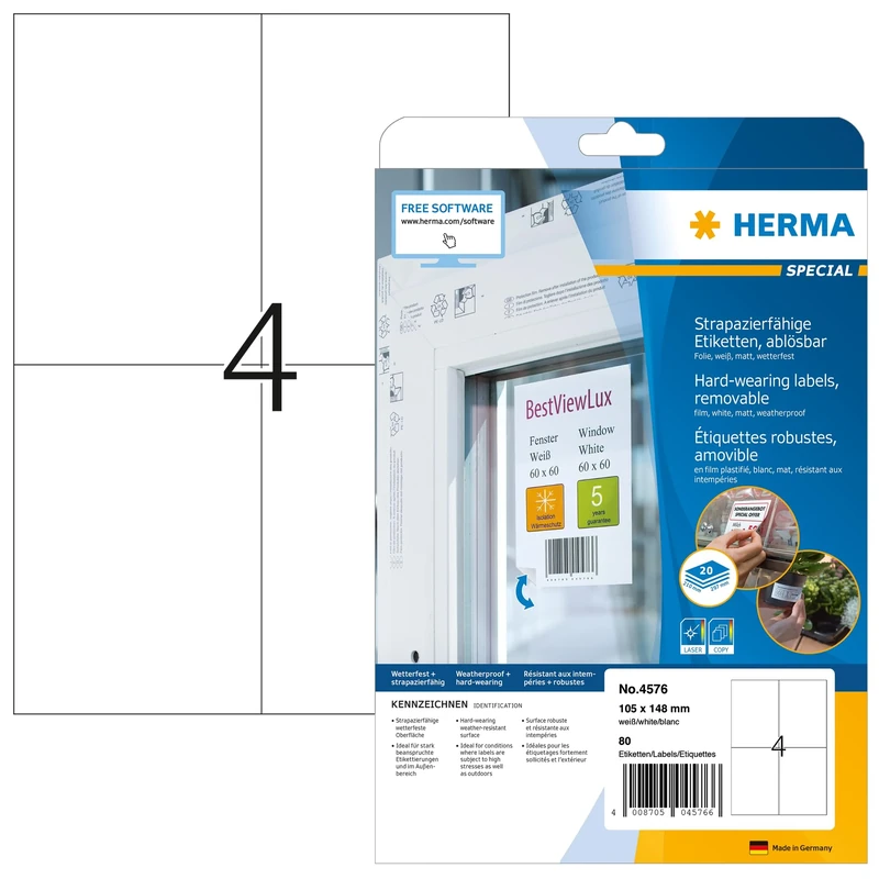 HERMA Self Adhesive Removable Film Labels, 4 Labels per A4 Sheet, 640 Sheets, 105 x 148 mm, 2560 Labels, Blank Weatherproof Labels Stickers, Sticky Labels for Laser & Inkjet Printer, White