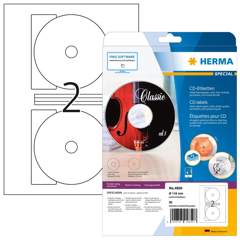 HERMA Self Adhesive Inkjet Full Face CD Labels, 2 Labels per A4 Sheet, 800 Sheets, Ø 116 mm, 1600 Labels, Blank Opaque DVD Labels Stickers, Sticky Labels for Inkjet Printer, White