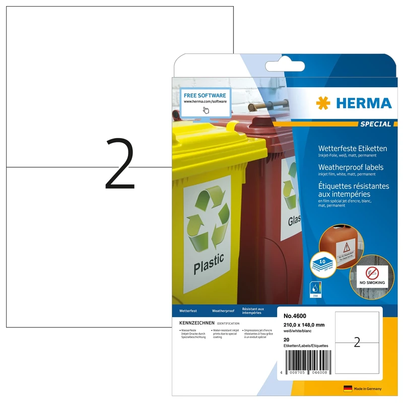 HERMA Self Adhesive Inkjet Labels, 2 Labels per A4 Sheet, 320 Sheets, 210 x 148 mm, 640 Labels, Blank Weatherproof Film Labels Stickers, Sticky Labels for Inkjet Printer, White