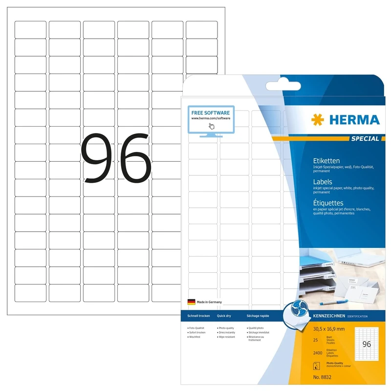 HERMA Self Adhesive Multipurpose Inkjet Labels, 96 Labels per A4 Sheet, 800 Sheets, 30.5 x 16.9 mm, 76800 Labels, Blank Universal Labels Stickers, Sticky Labels for Inkjet Printer, White