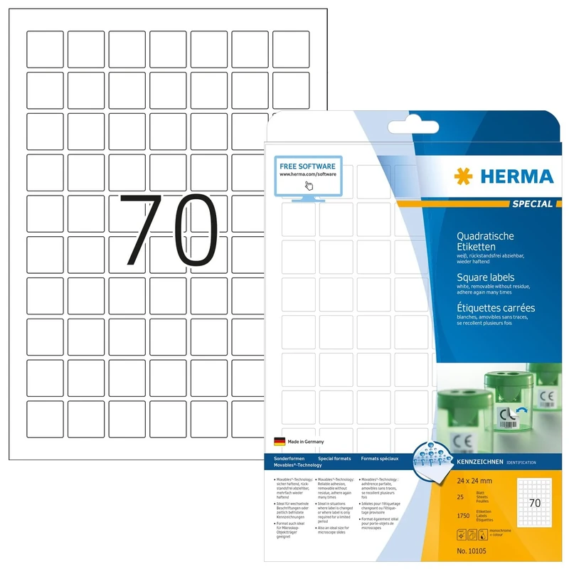 HERMA Self Adhesive Removable Labels, 70 Labels per A4 Sheet, 800 Sheets, 24 x 24 mm, 56000 Labels, Blank Multipurpose Labels Stickers, Sticky Labels for Laser & Inkjet Printer, White