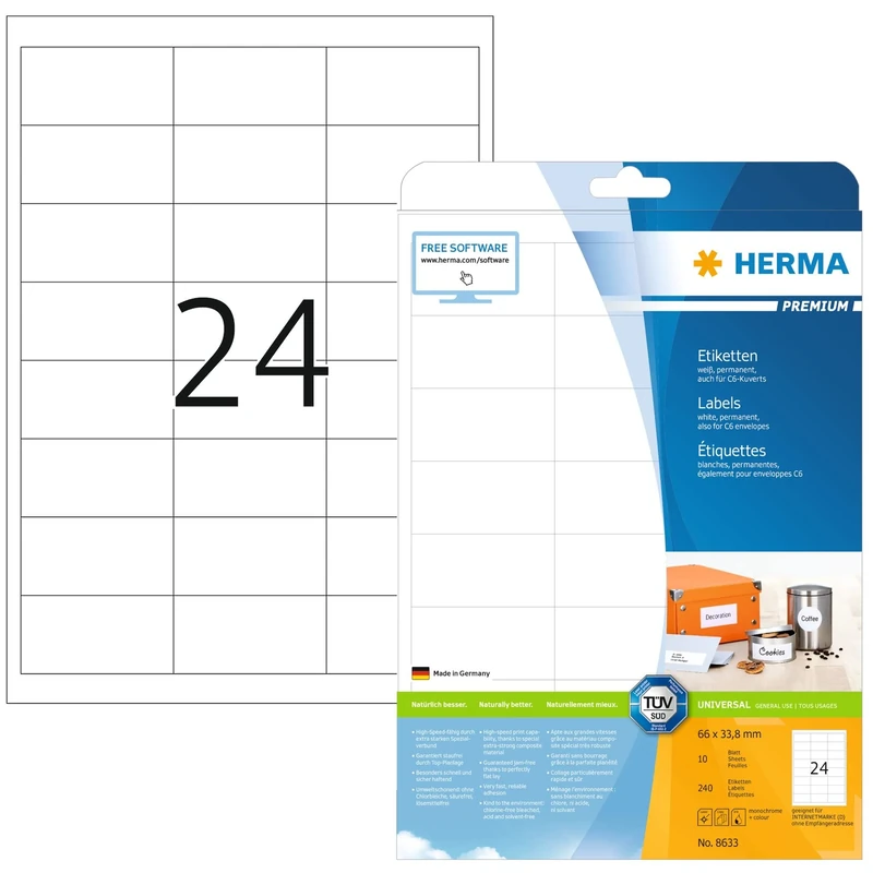 HERMA Self Adhesive Address Labels, 24 Labels per A4 Sheet, 320 Sheets, 66 x 33.8 mm, 7680 Labels, Blank Mailing Labels Stickers, Sticky Labels for Laser & Inkjet Printer, White